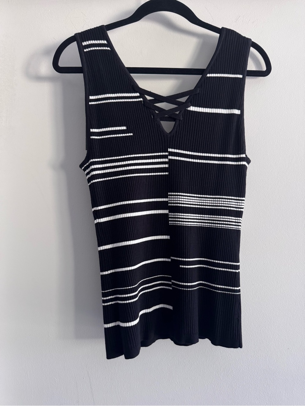 White House Black Market Black & White Striped Lace-Up Detail Ribbed Tank